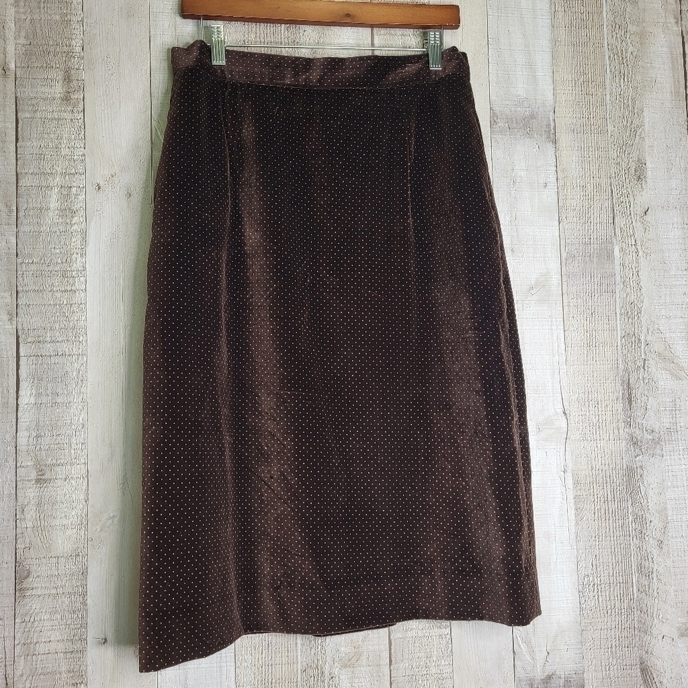 ❤️ Vintage Ralph Lauren Brown Polka Dot Velvet Skirt. Size 14. Cotton